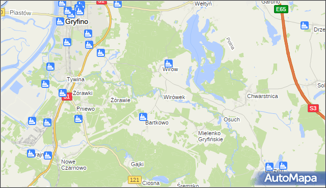 mapa Wirówek gmina Gryfino, Wirówek gmina Gryfino na mapie Targeo