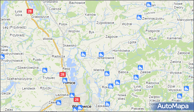 mapa Witanowice gmina Tomice, Witanowice gmina Tomice na mapie Targeo