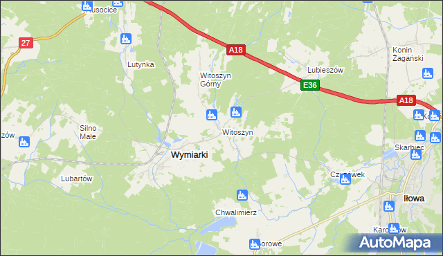 mapa Witoszyn gmina Wymiarki, Witoszyn gmina Wymiarki na mapie Targeo