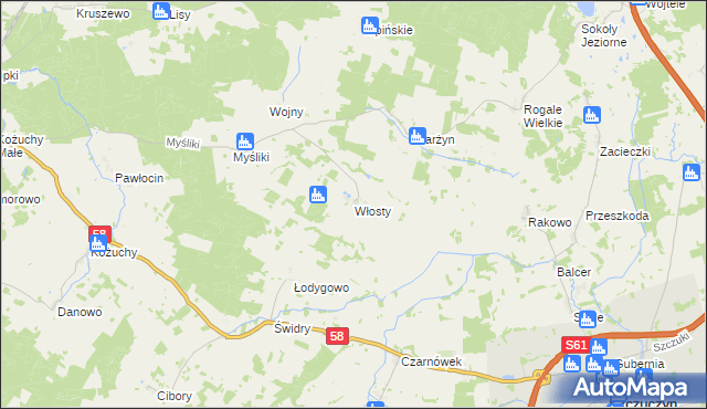 mapa Włosty gmina Biała Piska, Włosty gmina Biała Piska na mapie Targeo