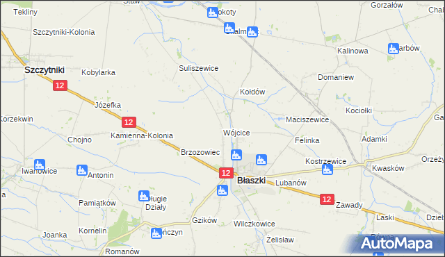mapa Wójcice gmina Błaszki, Wójcice gmina Błaszki na mapie Targeo