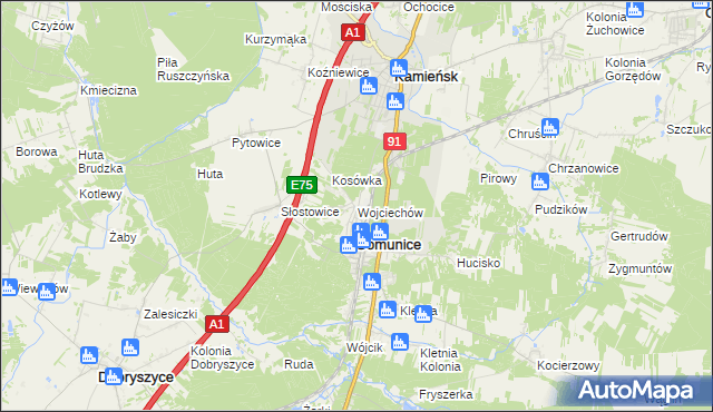 mapa Wojciechów gmina Gomunice, Wojciechów gmina Gomunice na mapie Targeo