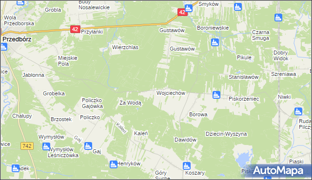 mapa Wojciechów gmina Przedbórz, Wojciechów gmina Przedbórz na mapie Targeo