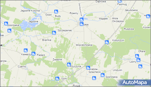 mapa Wojciechówka gmina Kłoczew, Wojciechówka gmina Kłoczew na mapie Targeo