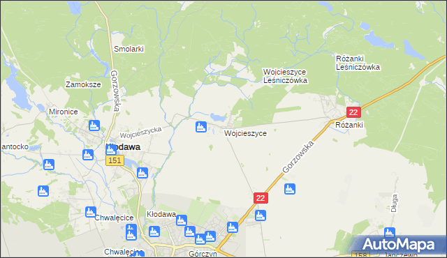 mapa Wojcieszyce gmina Kłodawa, Wojcieszyce gmina Kłodawa na mapie Targeo