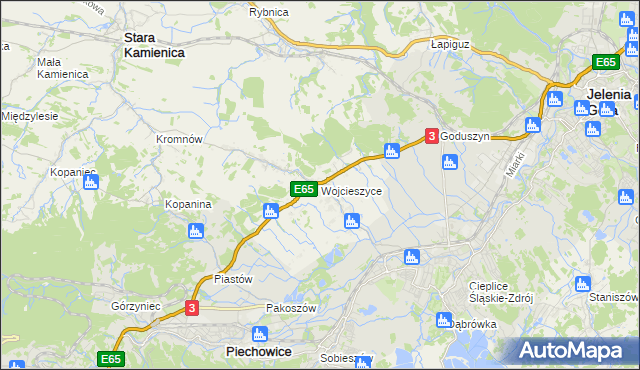 mapa Wojcieszyce gmina Stara Kamienica, Wojcieszyce gmina Stara Kamienica na mapie Targeo