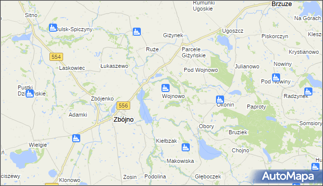 mapa Wojnowo gmina Zbójno, Wojnowo gmina Zbójno na mapie Targeo