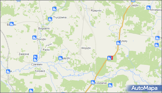 mapa Wojszki gmina Juchnowiec Kościelny, Wojszki gmina Juchnowiec Kościelny na mapie Targeo