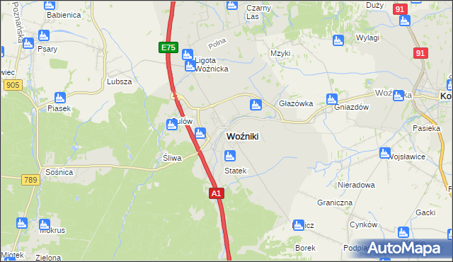 mapa Woźniki powiat lubliniecki, Woźniki powiat lubliniecki na mapie Targeo
