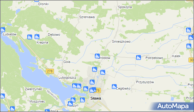 mapa Wróblów gmina Sława, Wróblów gmina Sława na mapie Targeo