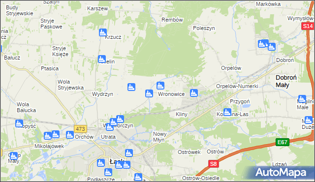 mapa Wronowice gmina Łask, Wronowice gmina Łask na mapie Targeo