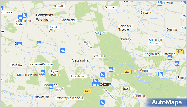 mapa Wrząca gmina Brzeziny, Wrząca gmina Brzeziny na mapie Targeo