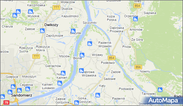 mapa Wrzawy gmina Gorzyce, Wrzawy gmina Gorzyce na mapie Targeo