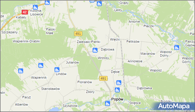 mapa Wrzosy gmina Popów, Wrzosy gmina Popów na mapie Targeo