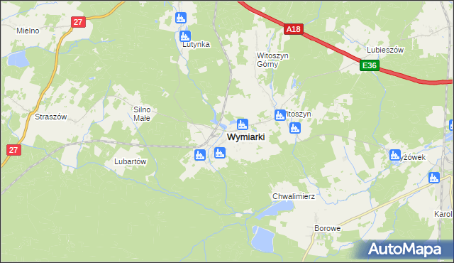 mapa Wymiarki powiat żagański, Wymiarki powiat żagański na mapie Targeo