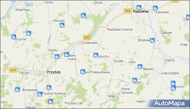 mapa Wypychy gmina Radziłów, Wypychy gmina Radziłów na mapie Targeo