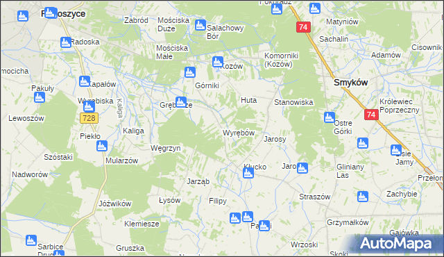 mapa Wyrębów gmina Radoszyce, Wyrębów gmina Radoszyce na mapie Targeo