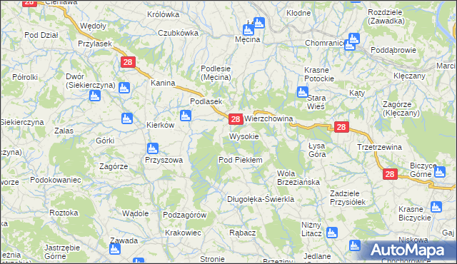 mapa Wysokie gmina Limanowa, Wysokie gmina Limanowa na mapie Targeo