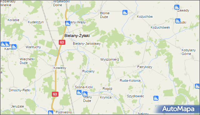 mapa Wyszomierz gmina Bielany, Wyszomierz gmina Bielany na mapie Targeo