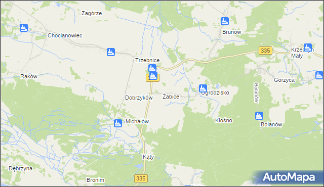 mapa Żabice gmina Chocianów, Żabice gmina Chocianów na mapie Targeo