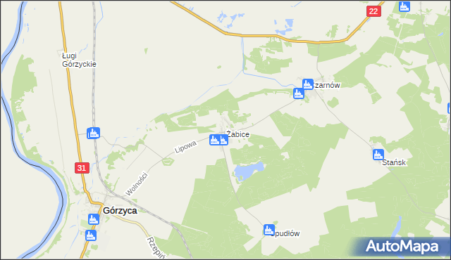 mapa Żabice gmina Górzyca, Żabice gmina Górzyca na mapie Targeo
