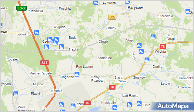 mapa Żabieniec gmina Parysów, Żabieniec gmina Parysów na mapie Targeo