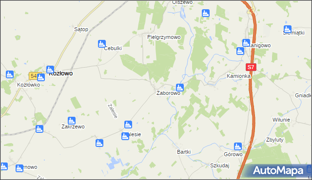 mapa Zaborowo gmina Kozłowo, Zaborowo gmina Kozłowo na mapie Targeo