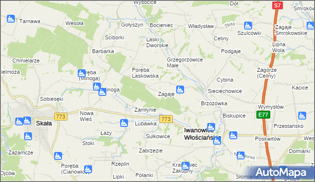 mapa Zagaje gmina Iwanowice, Zagaje gmina Iwanowice na mapie Targeo