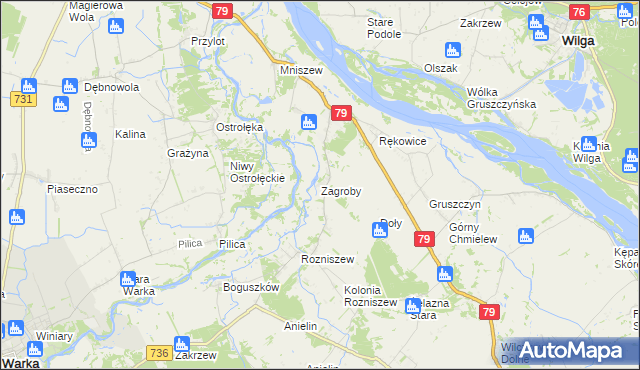 mapa Zagroby gmina Magnuszew, Zagroby gmina Magnuszew na mapie Targeo