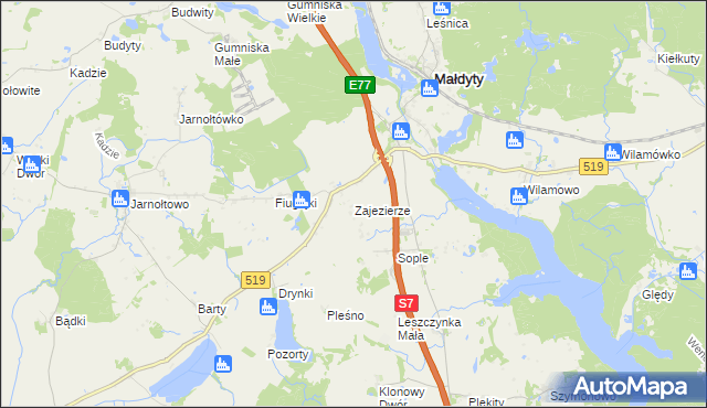 mapa Zajezierze gmina Małdyty, Zajezierze gmina Małdyty na mapie Targeo