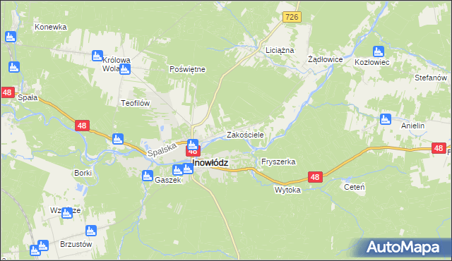 mapa Zakościele gmina Inowłódz, Zakościele gmina Inowłódz na mapie Targeo