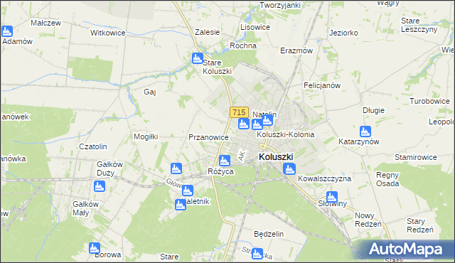 mapa Żakowice gmina Koluszki, Żakowice gmina Koluszki na mapie Targeo