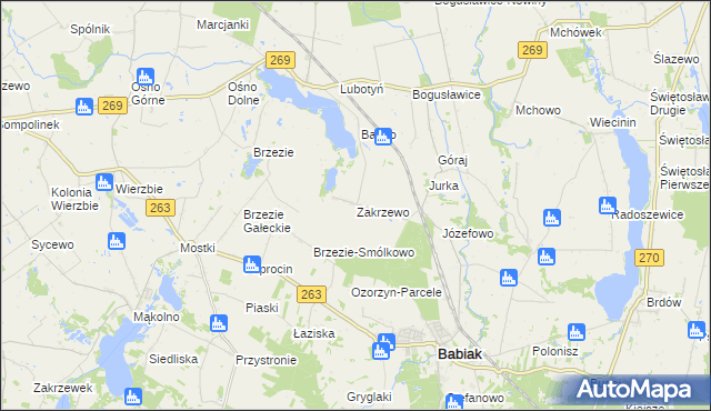 mapa Zakrzewo gmina Babiak, Zakrzewo gmina Babiak na mapie Targeo