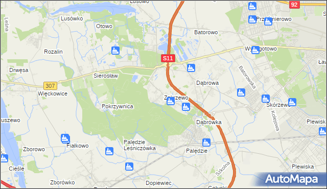mapa Zakrzewo gmina Dopiewo, Zakrzewo gmina Dopiewo na mapie Targeo