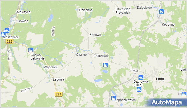 mapa Zakrzewo gmina Linia, Zakrzewo gmina Linia na mapie Targeo