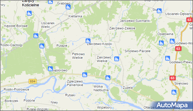 mapa Zakrzewo Wielkie gmina Zaręby Kościelne, Zakrzewo Wielkie gmina Zaręby Kościelne na mapie Targeo