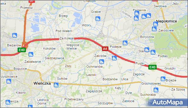 mapa Zakrzów gmina Niepołomice, Zakrzów gmina Niepołomice na mapie Targeo