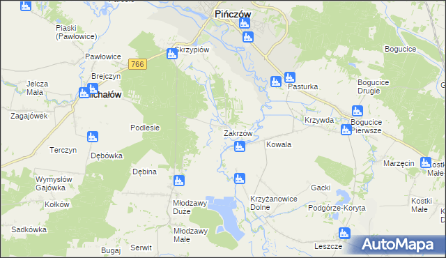 mapa Zakrzów gmina Pińczów, Zakrzów gmina Pińczów na mapie Targeo