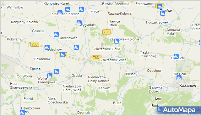 mapa Zakrzówek-Wieś gmina Kazanów, Zakrzówek-Wieś gmina Kazanów na mapie Targeo
