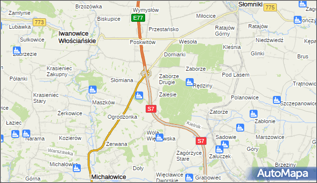 mapa Zalesie gmina Iwanowice, Zalesie gmina Iwanowice na mapie Targeo