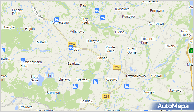 mapa Załęże gmina Przodkowo, Załęże gmina Przodkowo na mapie Targeo