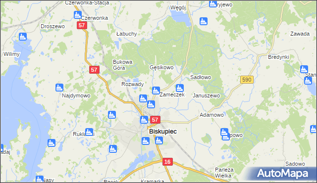 mapa Zameczek gmina Biskupiec, Zameczek gmina Biskupiec na mapie Targeo