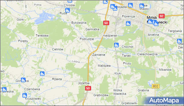 mapa Zamienie gmina Mińsk Mazowiecki, Zamienie gmina Mińsk Mazowiecki na mapie Targeo