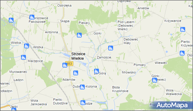 mapa Zamoście gmina Strzelce Wielkie, Zamoście gmina Strzelce Wielkie na mapie Targeo