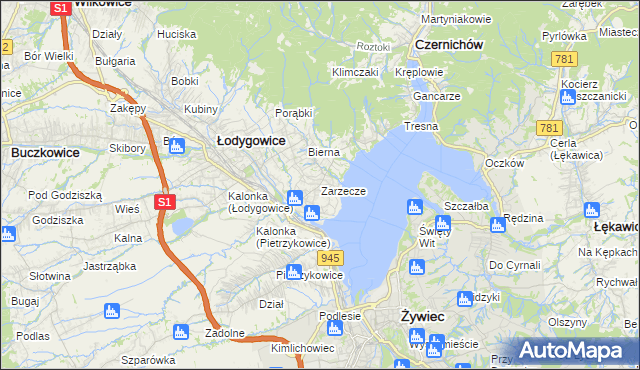 mapa Zarzecze gmina Łodygowice, Zarzecze gmina Łodygowice na mapie Targeo
