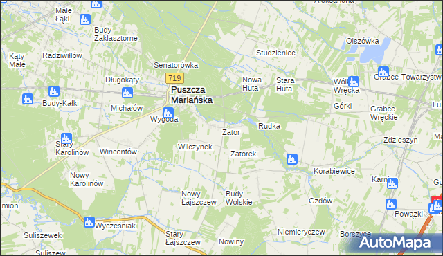 mapa Zator gmina Puszcza Mariańska, Zator gmina Puszcza Mariańska na mapie Targeo