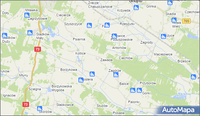 mapa Zawada gmina Gnojno, Zawada gmina Gnojno na mapie Targeo