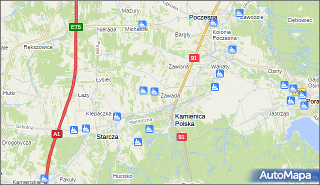 mapa Zawada gmina Kamienica Polska, Zawada gmina Kamienica Polska na mapie Targeo