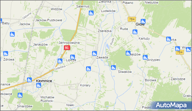 mapa Zawada gmina Kłomnice, Zawada gmina Kłomnice na mapie Targeo