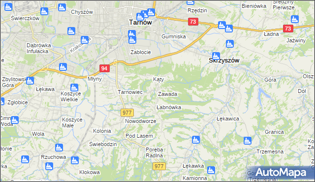 mapa Zawada gmina Tarnów, Zawada gmina Tarnów na mapie Targeo